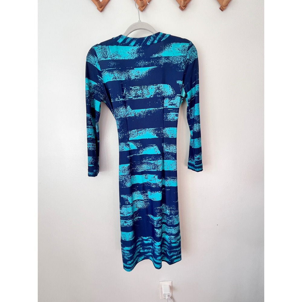 BCBGMAXAZRIA Blue Teal Stripe Print Wrap Dress Midi Long Sleeve - Picture 5 of 5